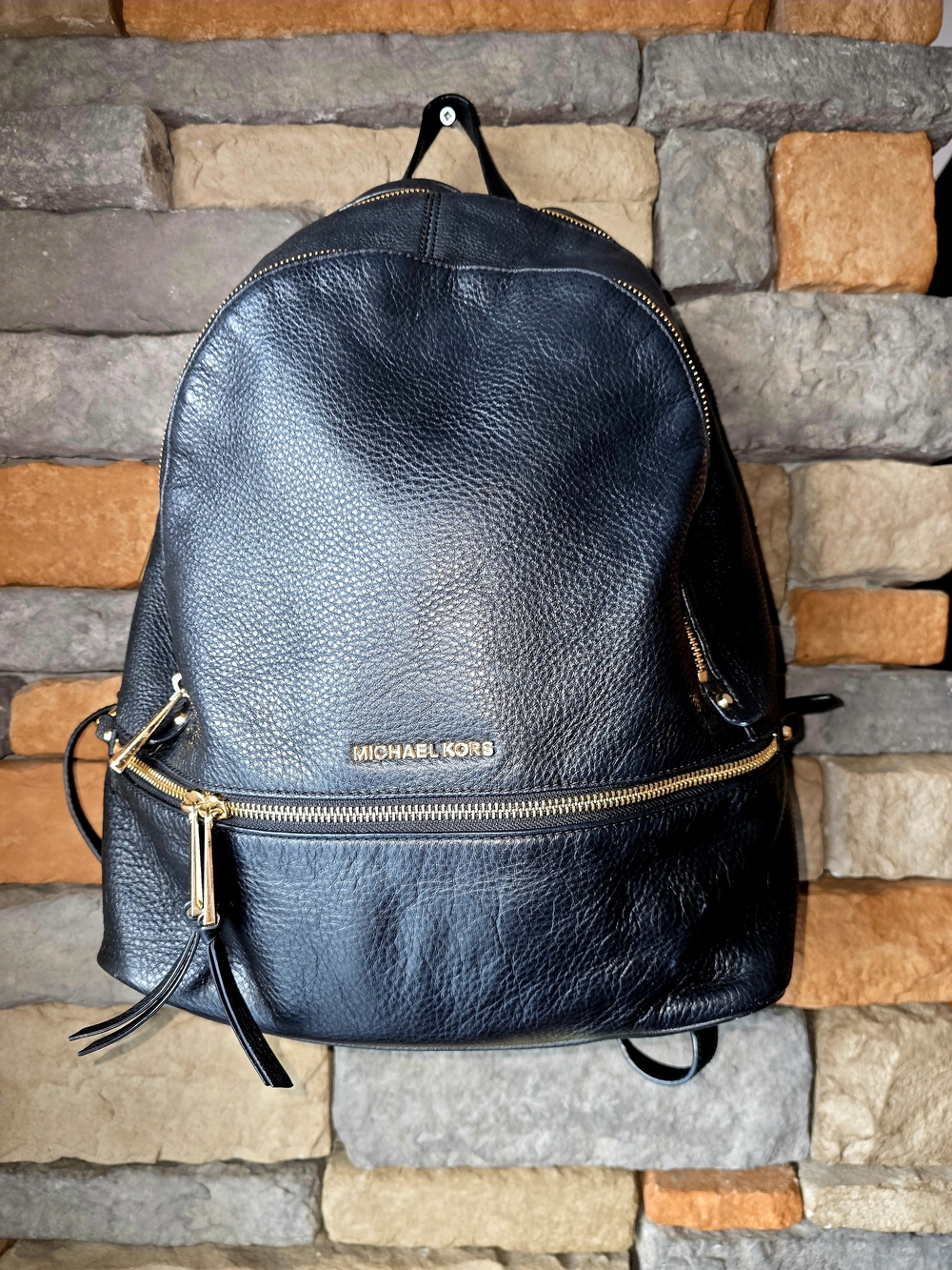 MICHAEL KORS Rhea Black Pebbled Leather Backpack Gold-Tone Accents